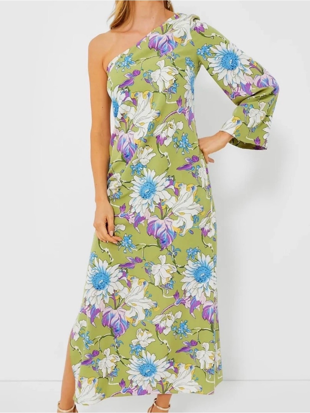 Hyacinth House One-Shoulder Olive Floral Maxi Dress